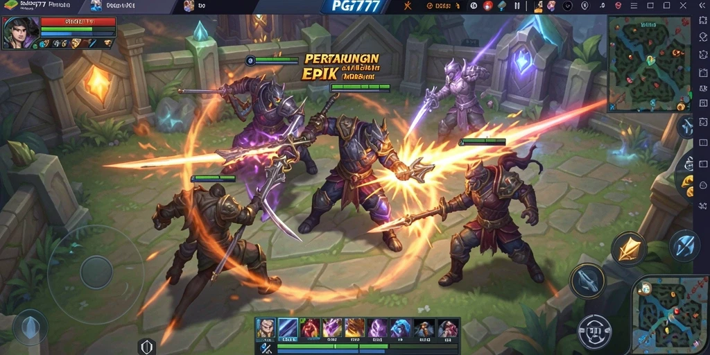 Screenshot gameplay PG777 saat karakter bertarung di arena MOBA.